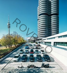 BMW Group vehicles displayed in front of the BMW Museum and BMW Corporate Headquarters