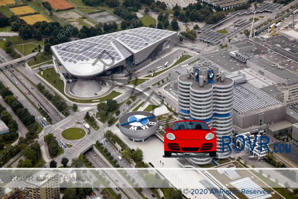 Sky view of the BMW Welt, BMW Museum, BMW Factory, and Corporate Headquarters in Munich
